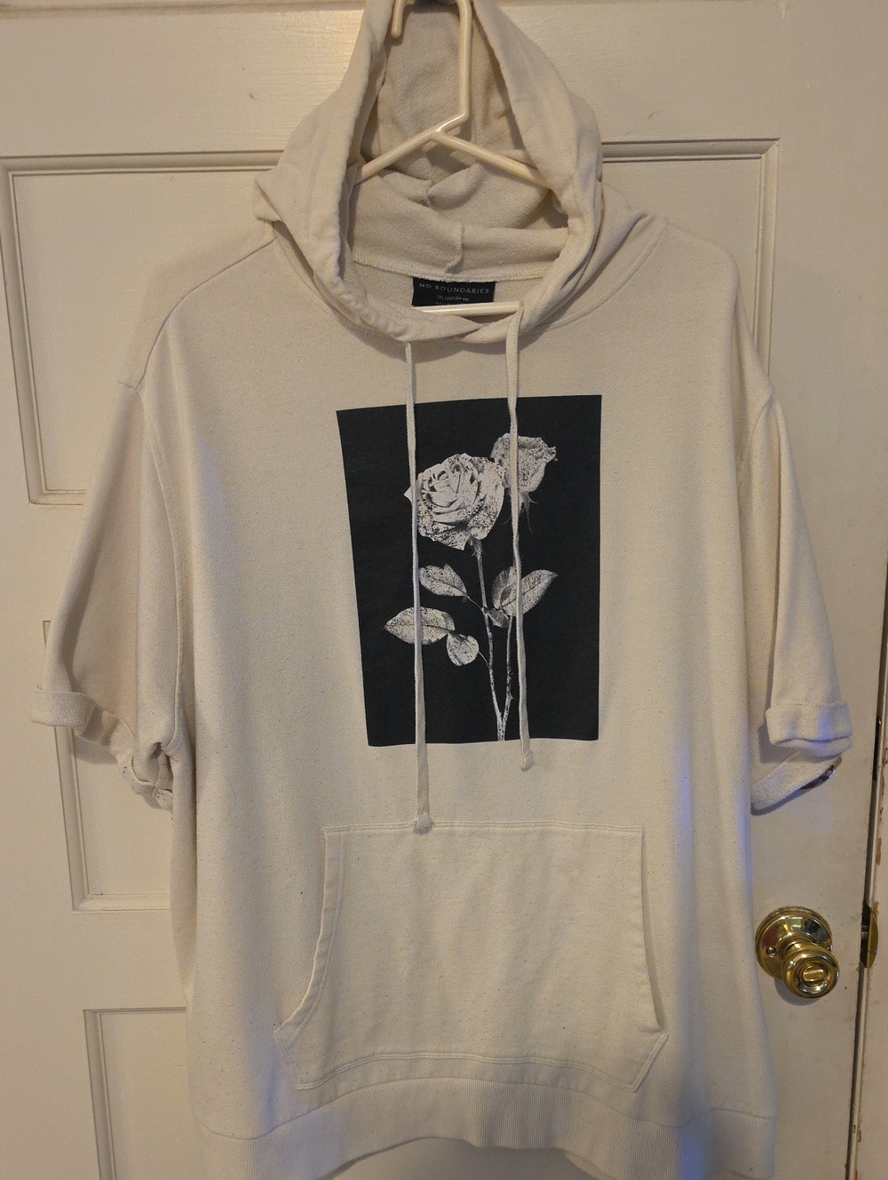 No Boundaries Cream Short Sleeve Hoodie with Black Rose Graphic